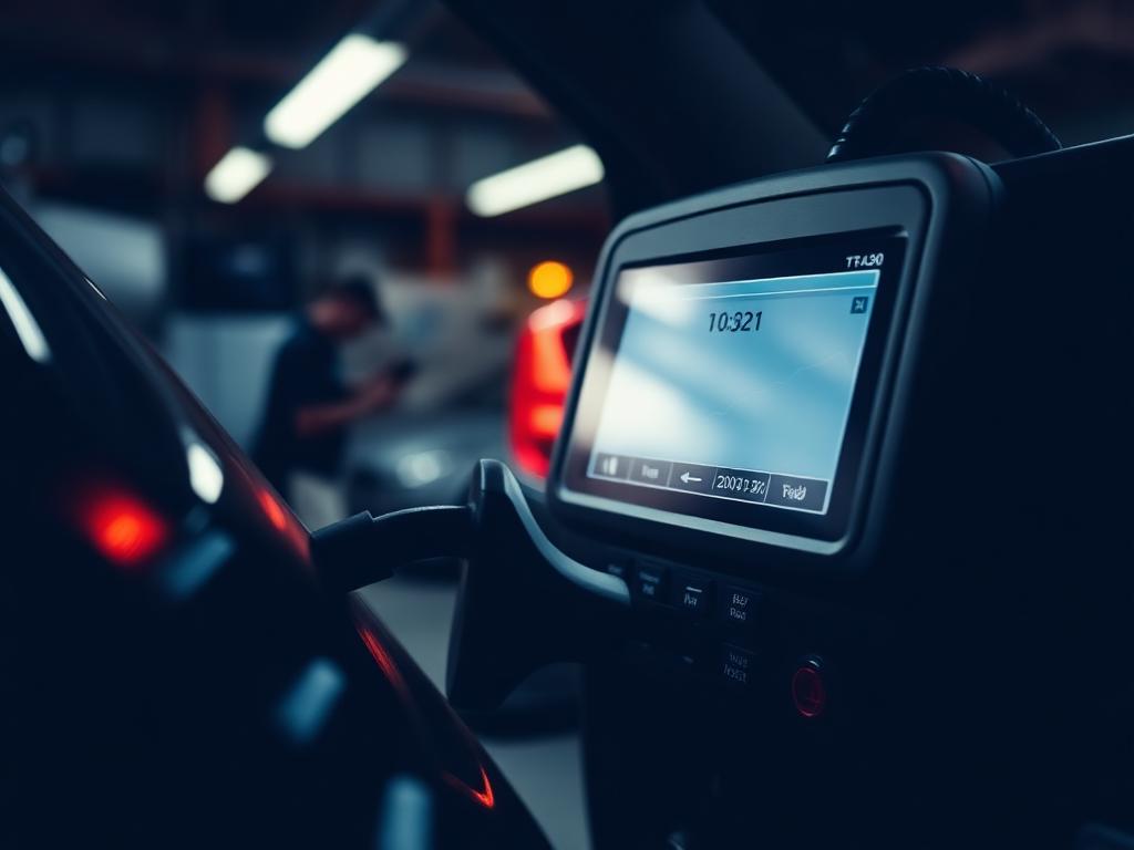Diagnostic scan tool connected to a vehicle in the shop