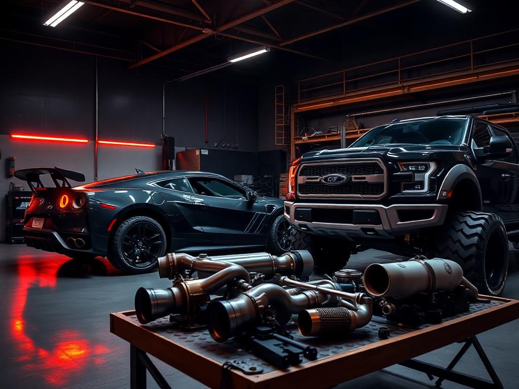 Performance parts and vehicles inside the Posey Customs shop