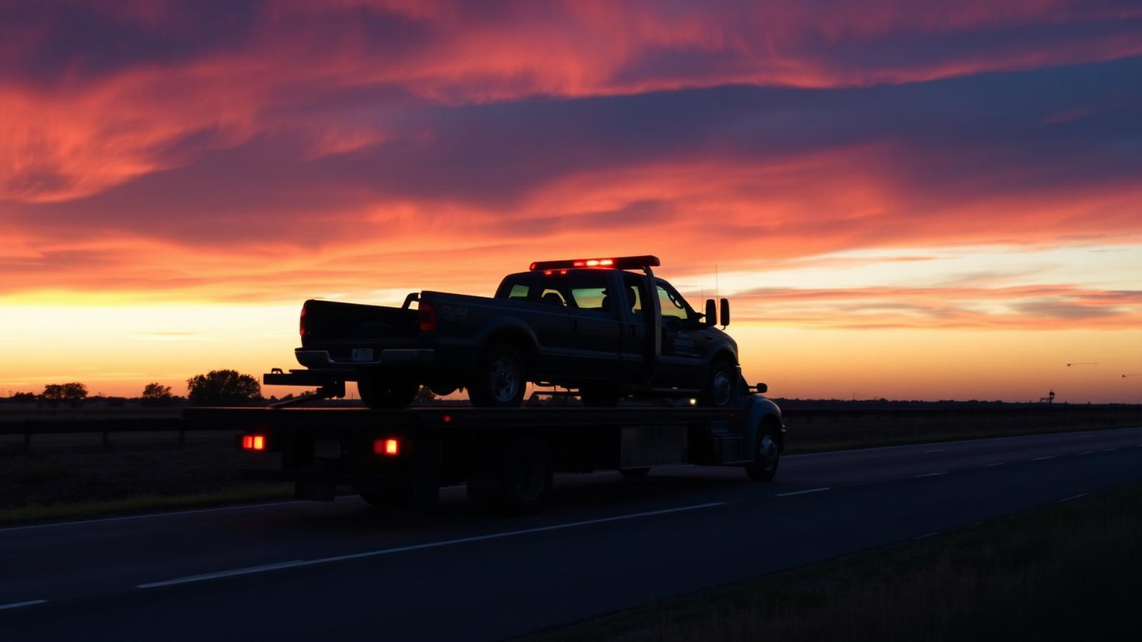 Flatbed tow truck hauling a pickup on a Texas highway